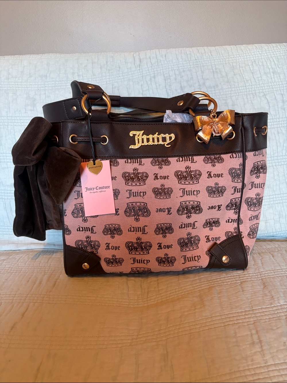 EXCLUSIVE Juicy Couture Pink and Brown Logo Tote with Gold Accents
